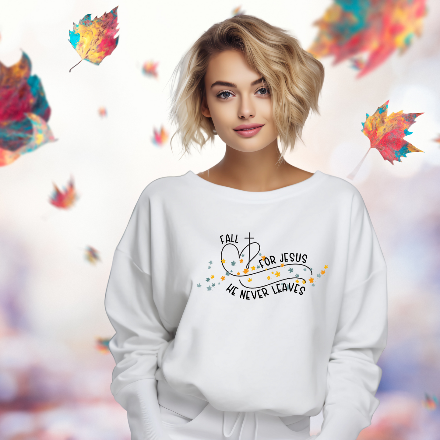 Fall For Jesus He Never Leaves Crewneck Sweatshirt