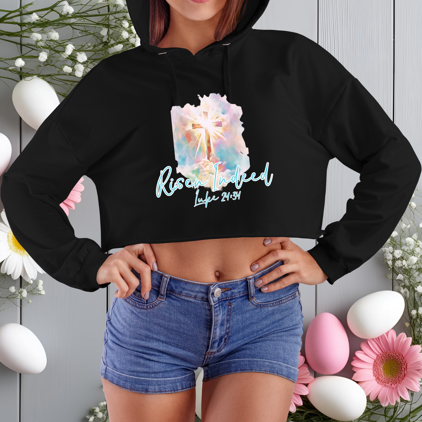 Risen Indeed Luke 24:34 Crop Hoodie