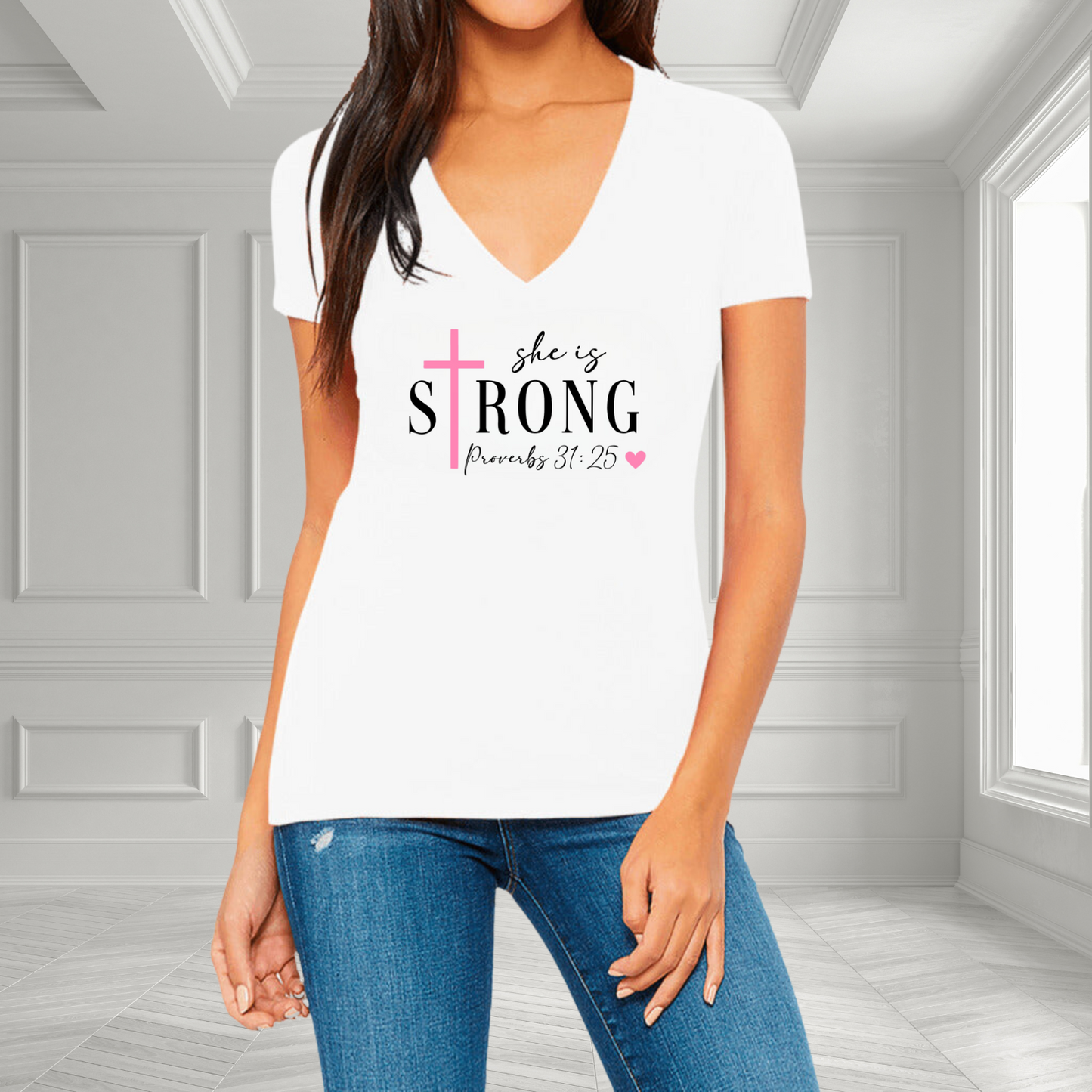 She Is Strong Proverbs 31:25 V-Neck T-Shirt
