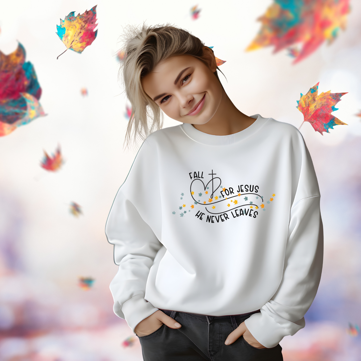 Fall For Jesus He Never Leaves Crewneck Sweatshirt