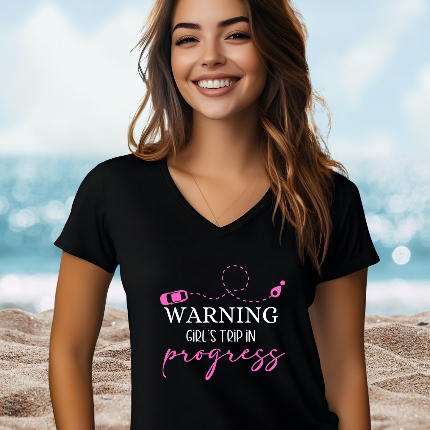 Warning Girls Trip in Progress V-Neck Tee