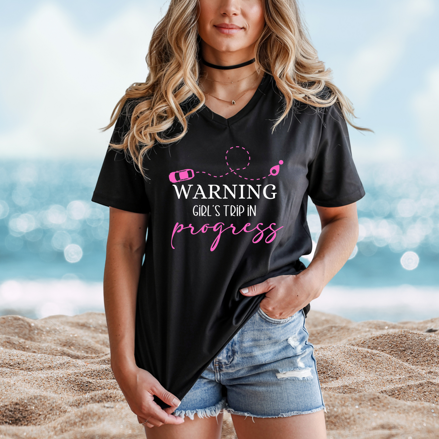 Warning Girls Trip in Progress V-Neck Tee