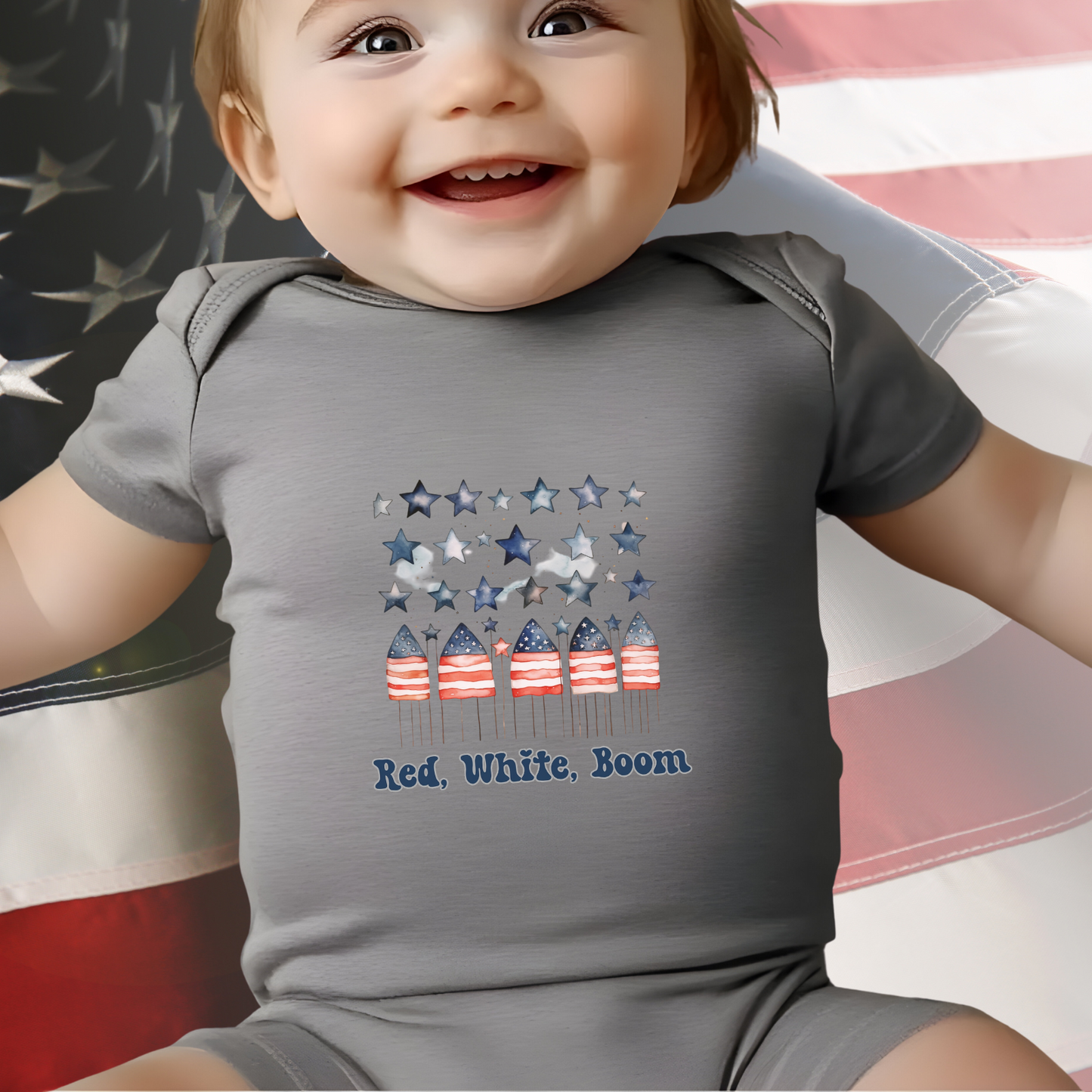 Red White Boom Infant Short Sleeve Onesie