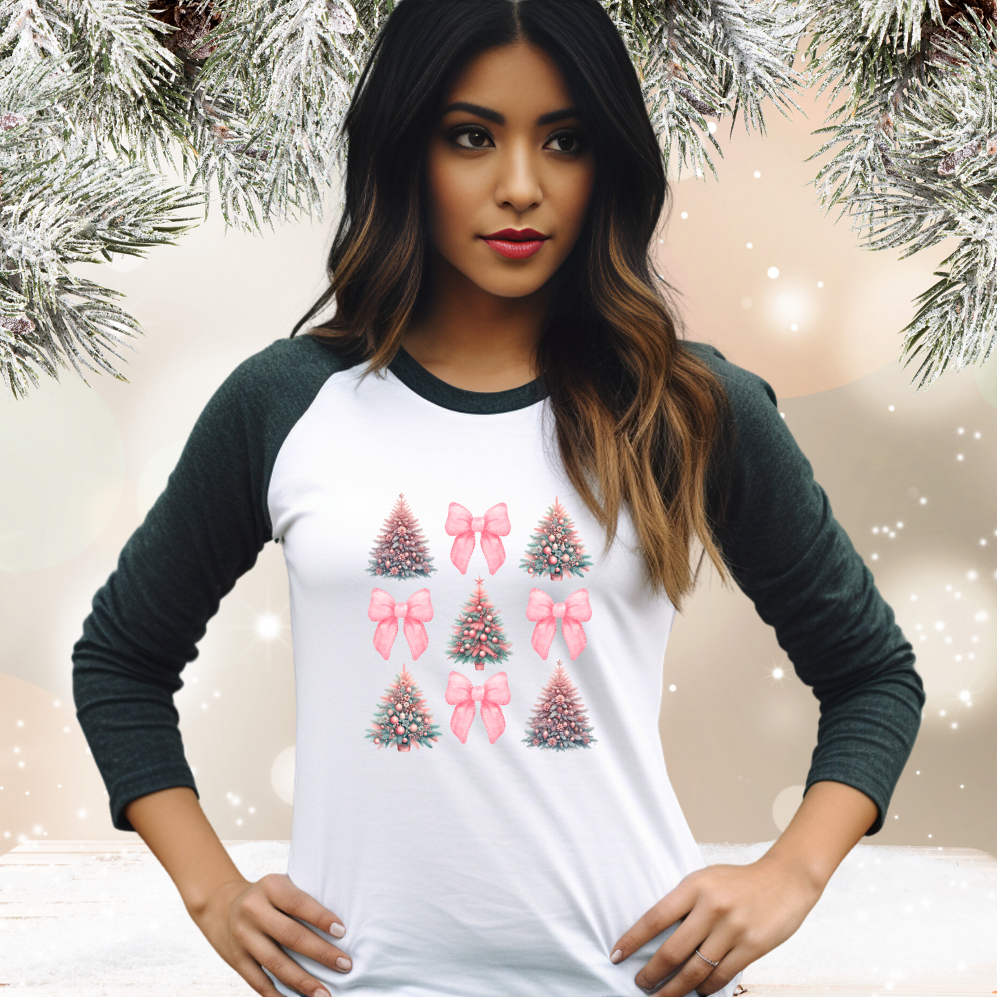Coquette Christmas Tree Baseball Tee