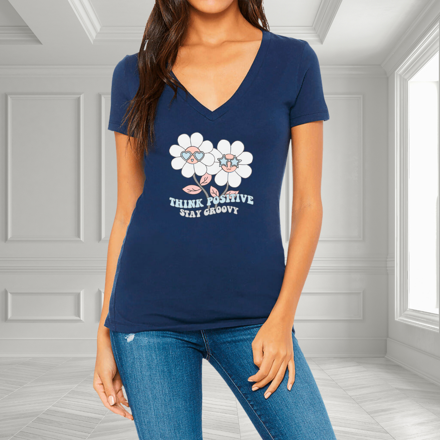 Think Positive, Stay Groovy V-Neck T-Shirt