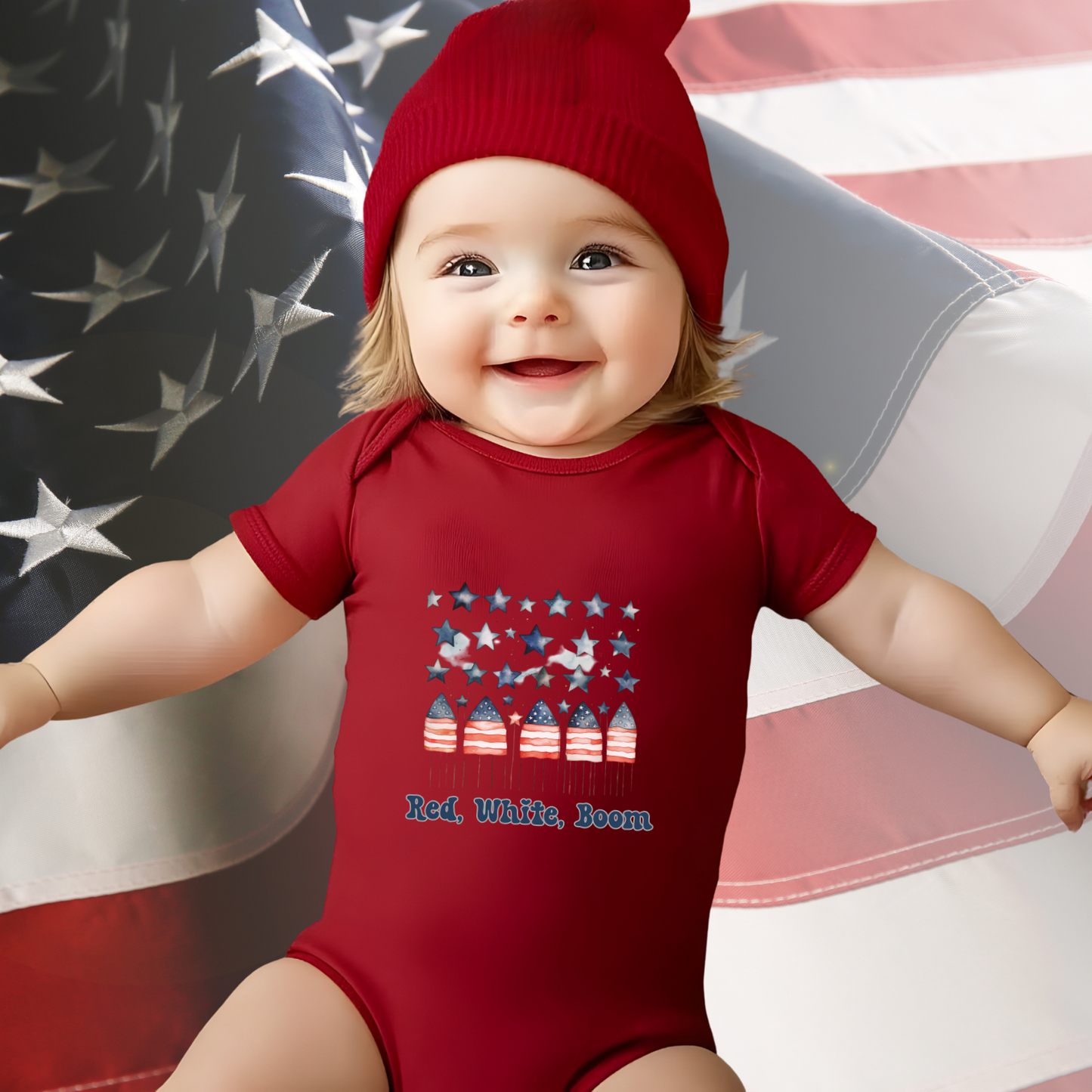 Red White Boom Infant Short Sleeve Onesie