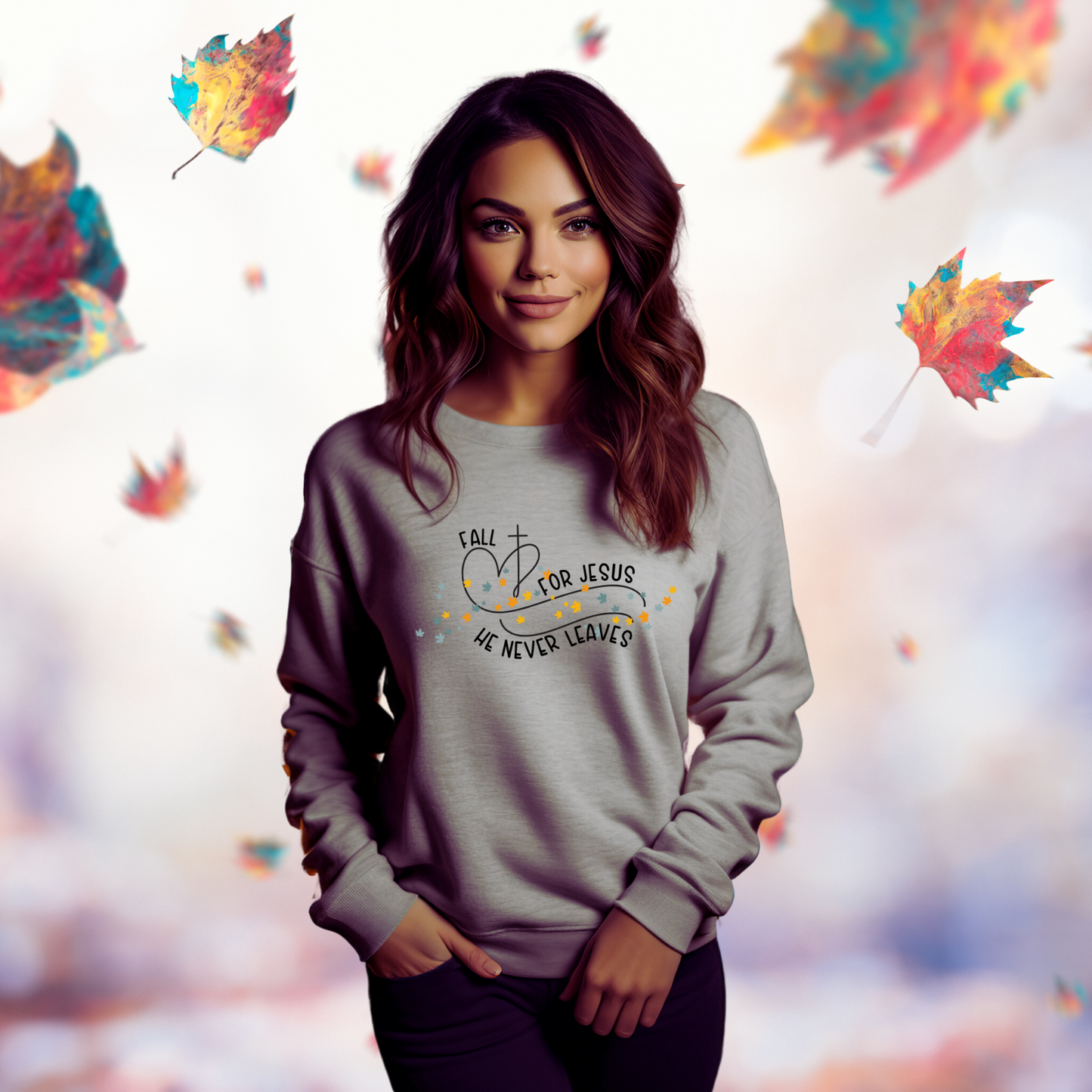 Fall For Jesus He Never Leaves Crewneck Sweatshirt