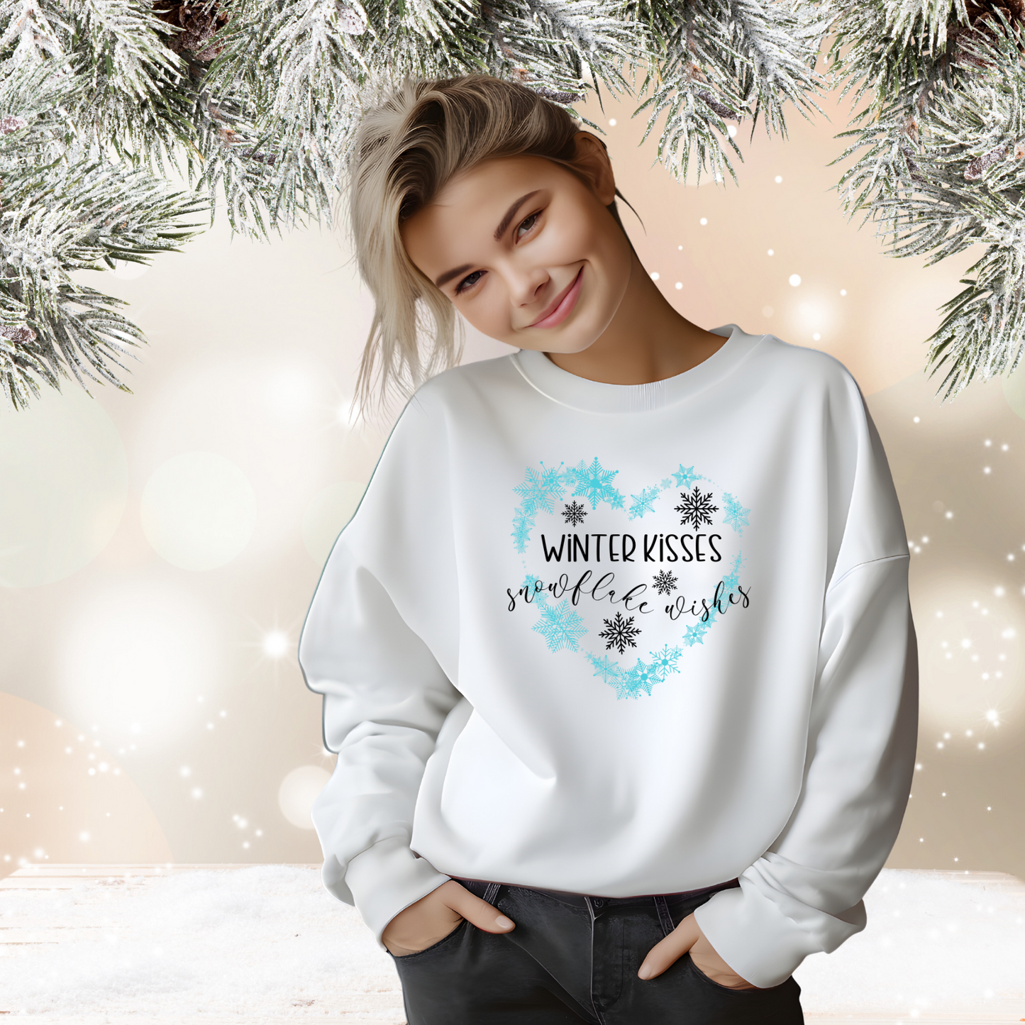 Winter Kisses Snowflake Wishes Crewneck Sweatshirt