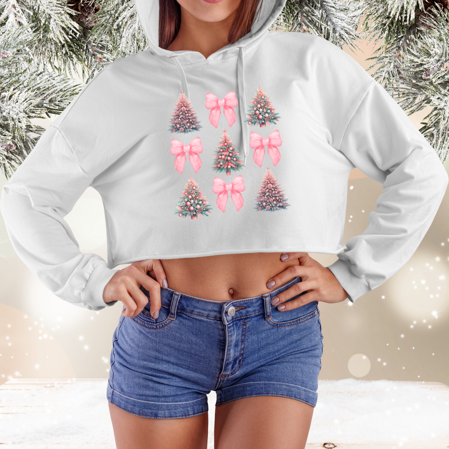 Coquette Christmas Tree Crop Hoodie