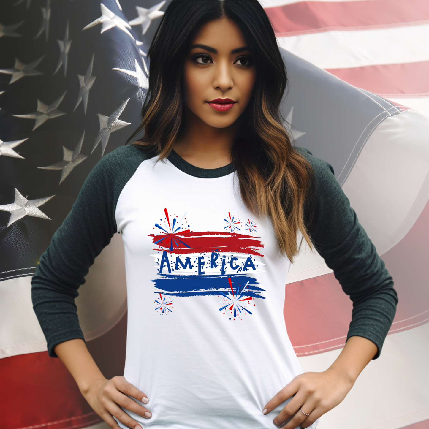America Firework Burst Baseball Tee