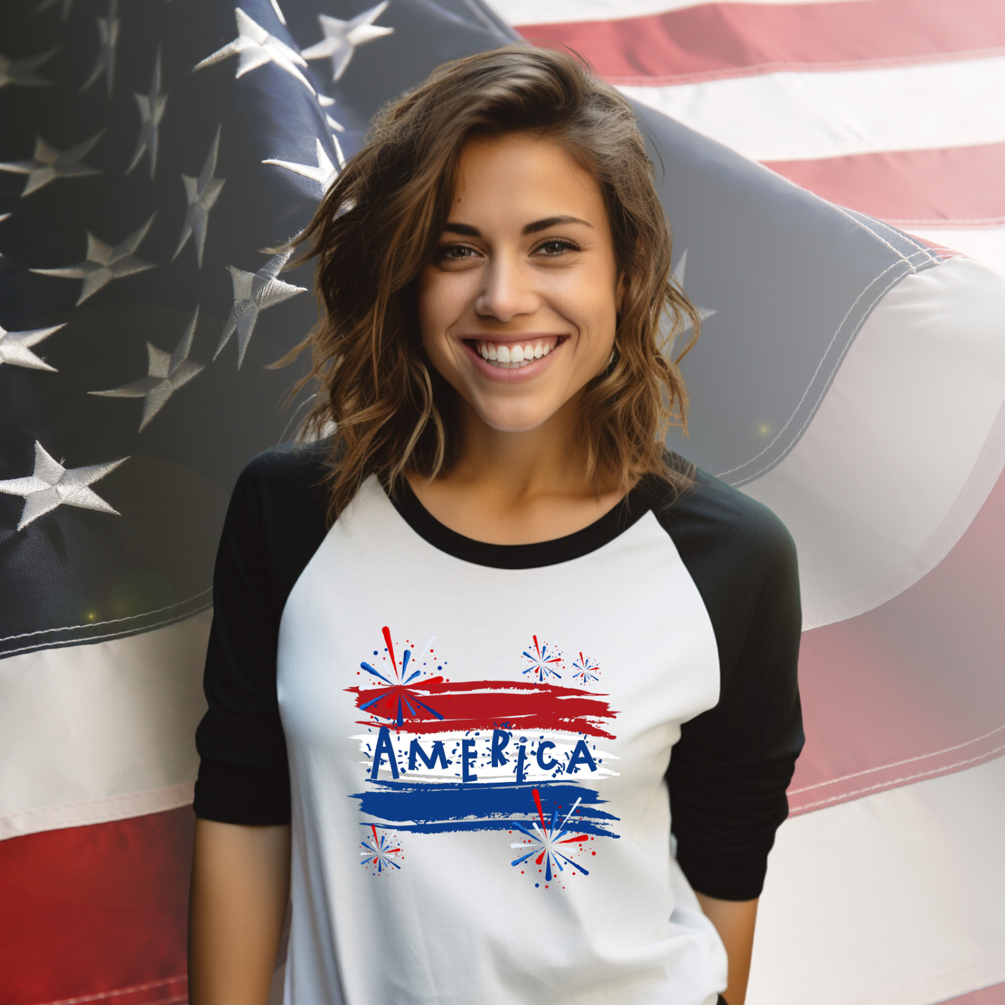 America Firework Burst Baseball Tee