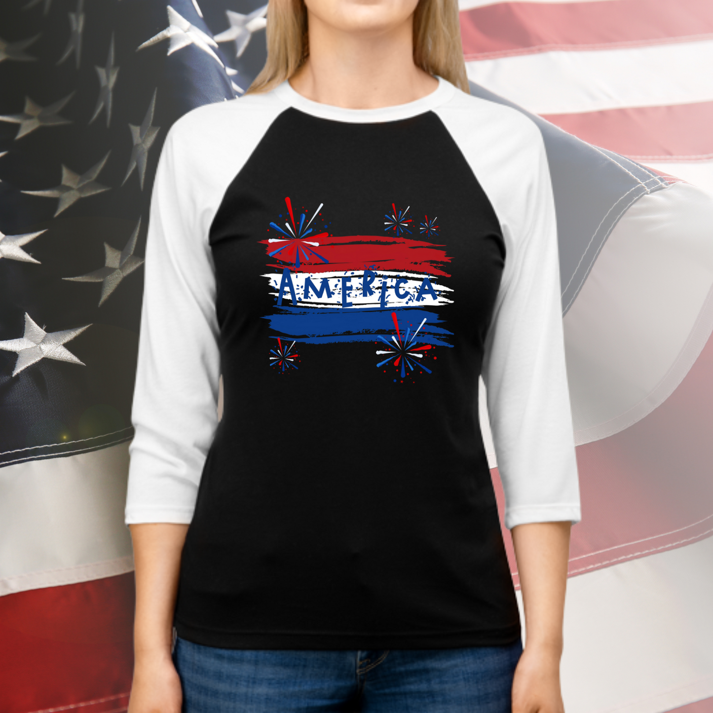 America Firework Burst Baseball Tee