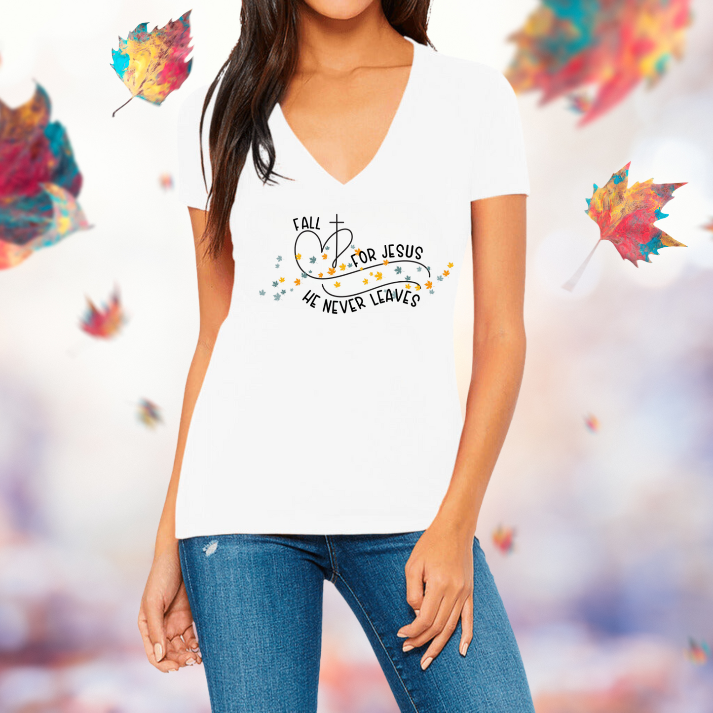 Fall For Jesus He Never Leaves V-Neck T-Shirt