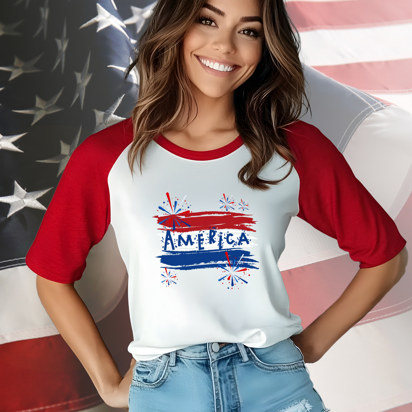 America Firework Burst Baseball Tee