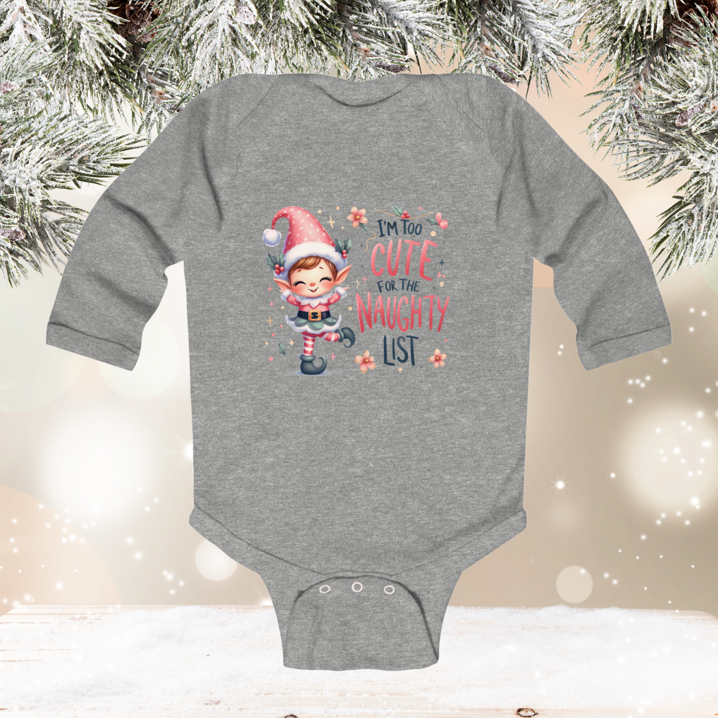 Too Cute For The Naughty List Infant Long Sleeve Onesie