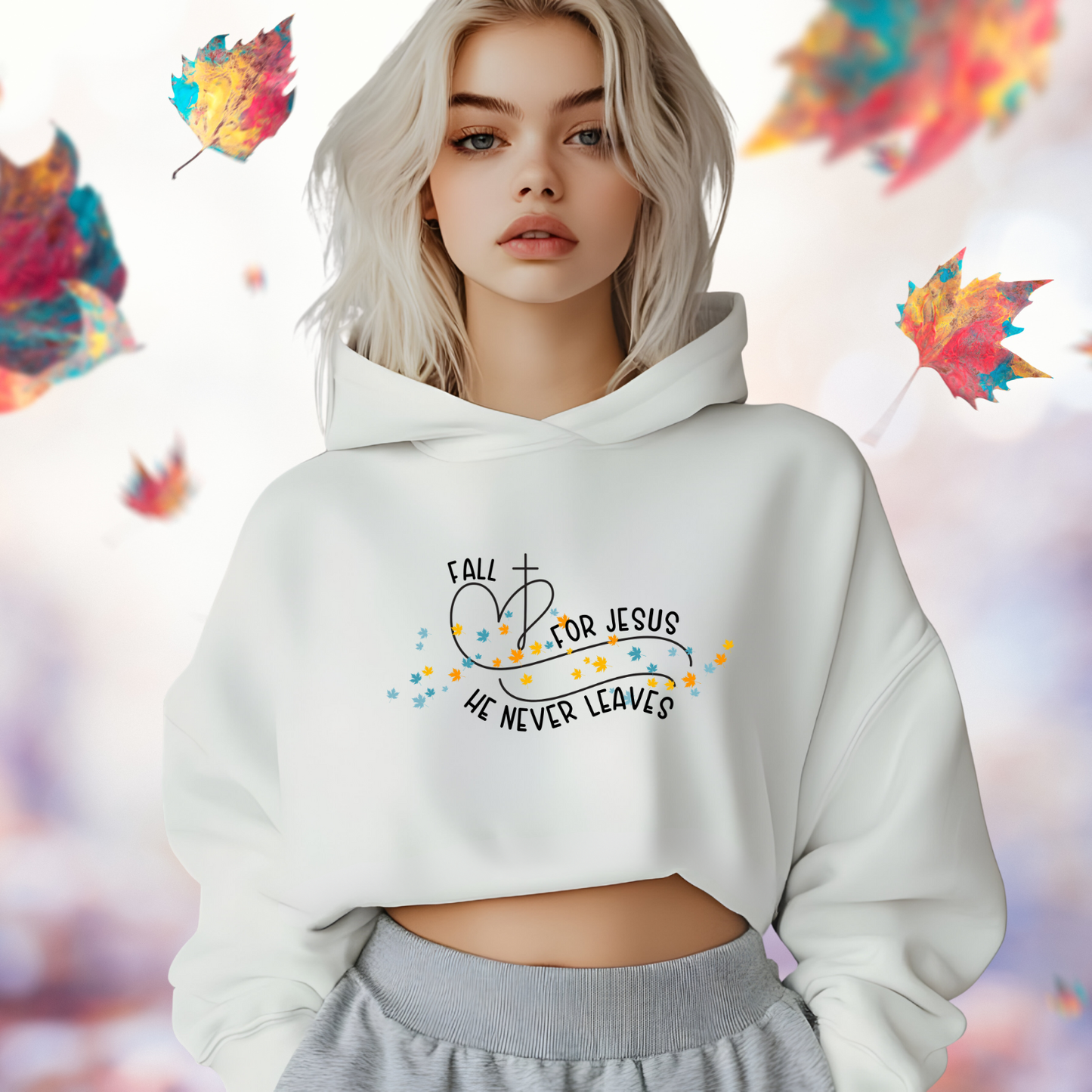 Fall for Jesus, He Never Leaves Crop Hoodie