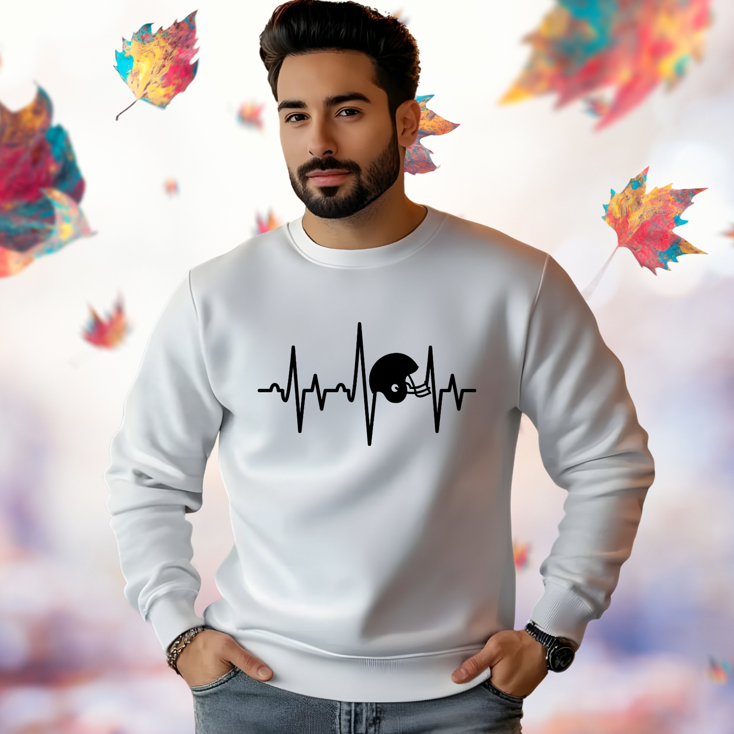 Football Helmet Heartbeat Crewneck Sweatshirt