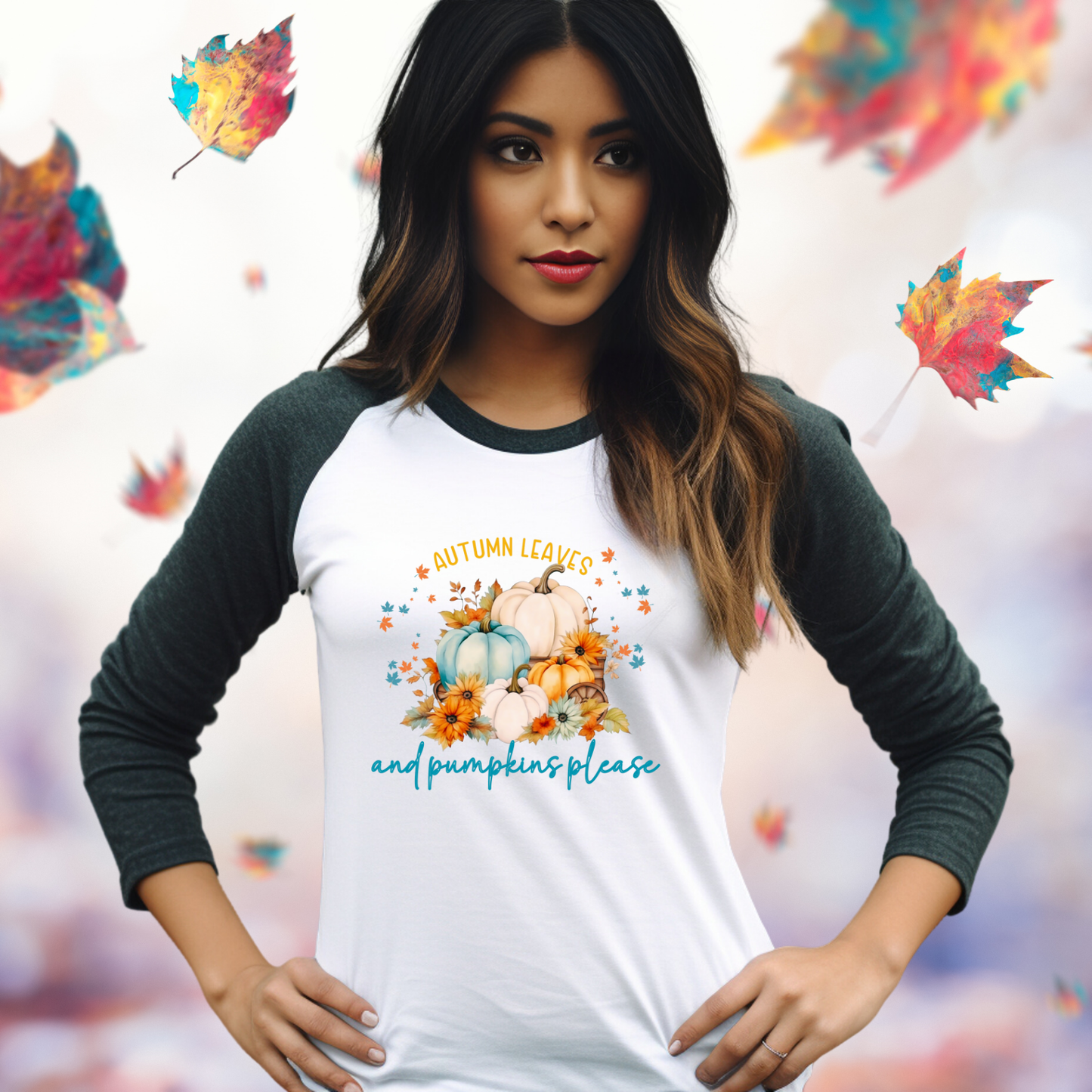 Autumn Leaves & Pumpkins Please Baseball Tee