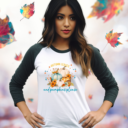 Autumn Leaves & Pumpkins Please Baseball Tee