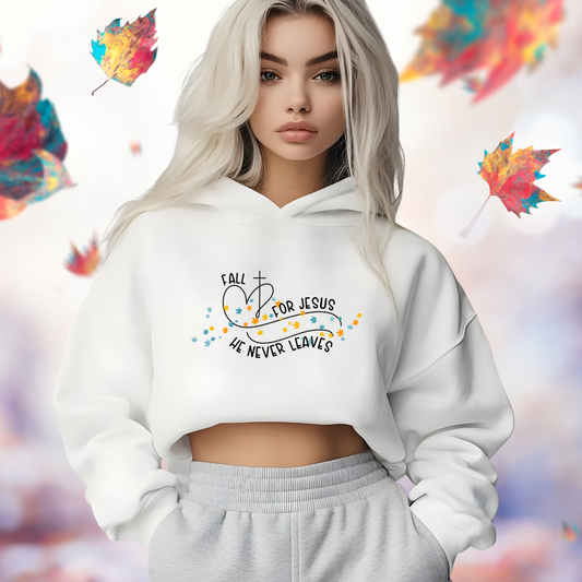 Fall for Jesus, He Never Leaves Crop Hoodie