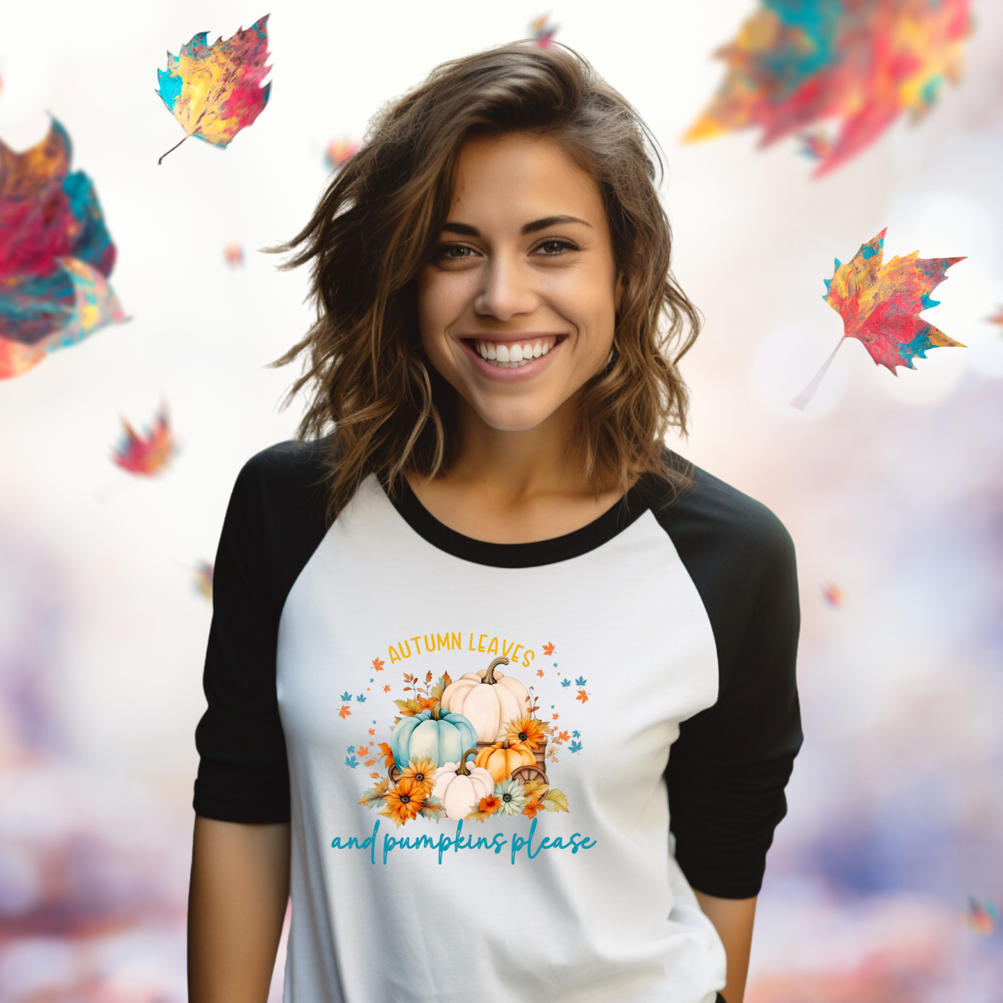 Autumn Leaves & Pumpkins Please Baseball Tee