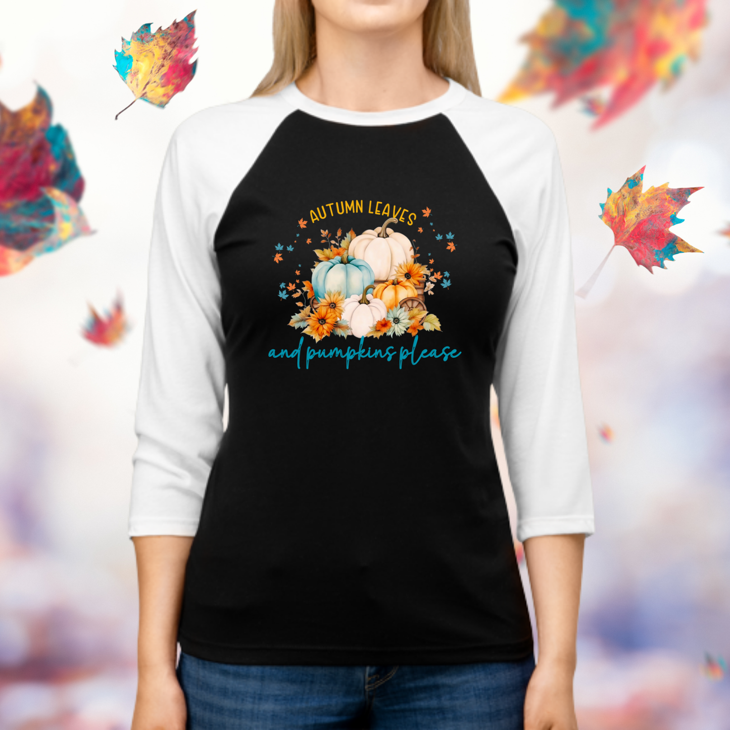 Autumn Leaves & Pumpkins Please Baseball Tee