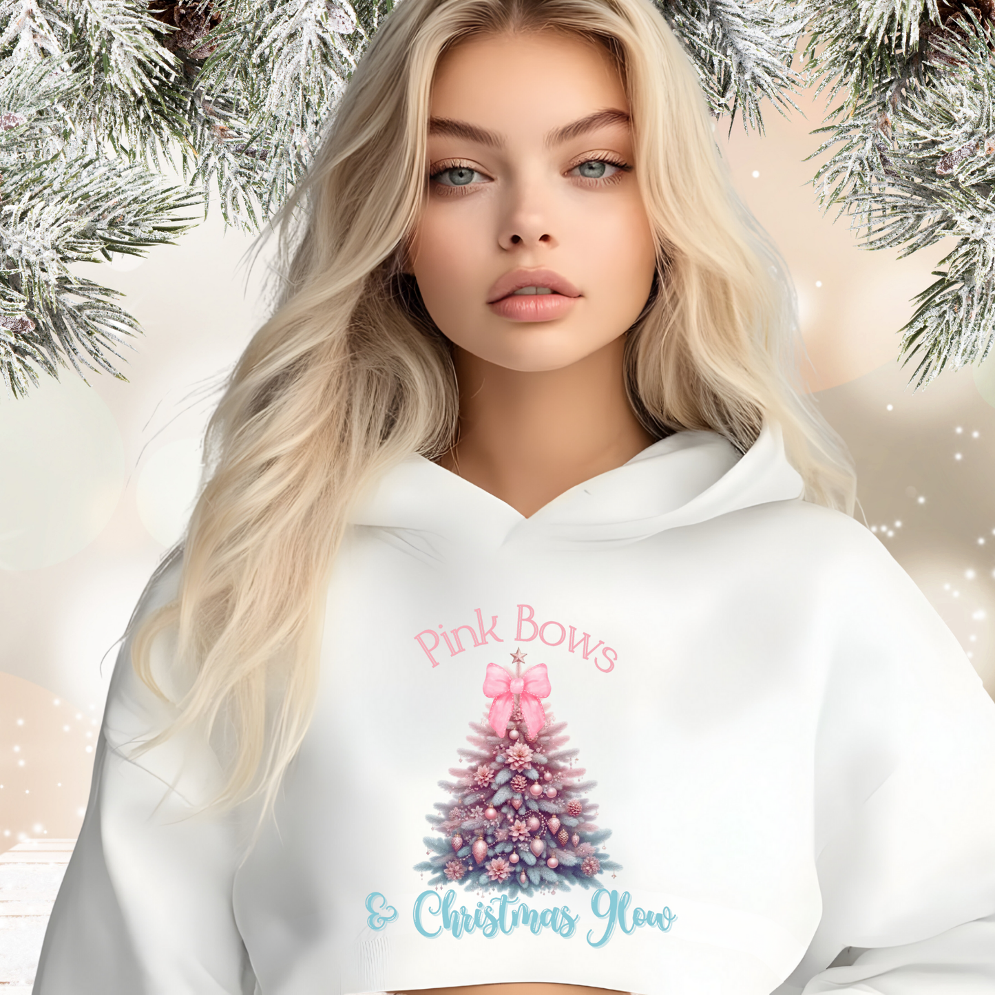 Pink Bows & Christmas Glow Crop Hoodie
