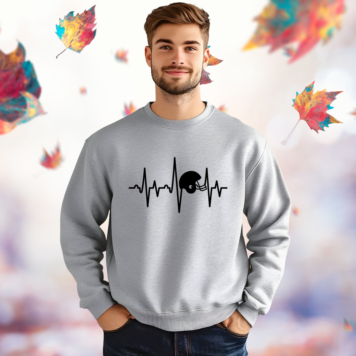 Football Helmet Heartbeat Crewneck Sweatshirt