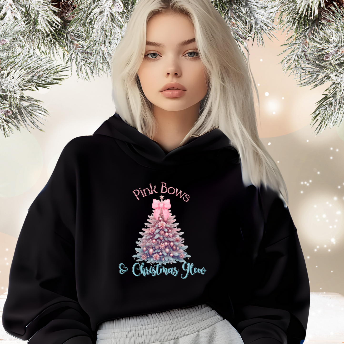 Pink Bows & Christmas Glow Crop Hoodie