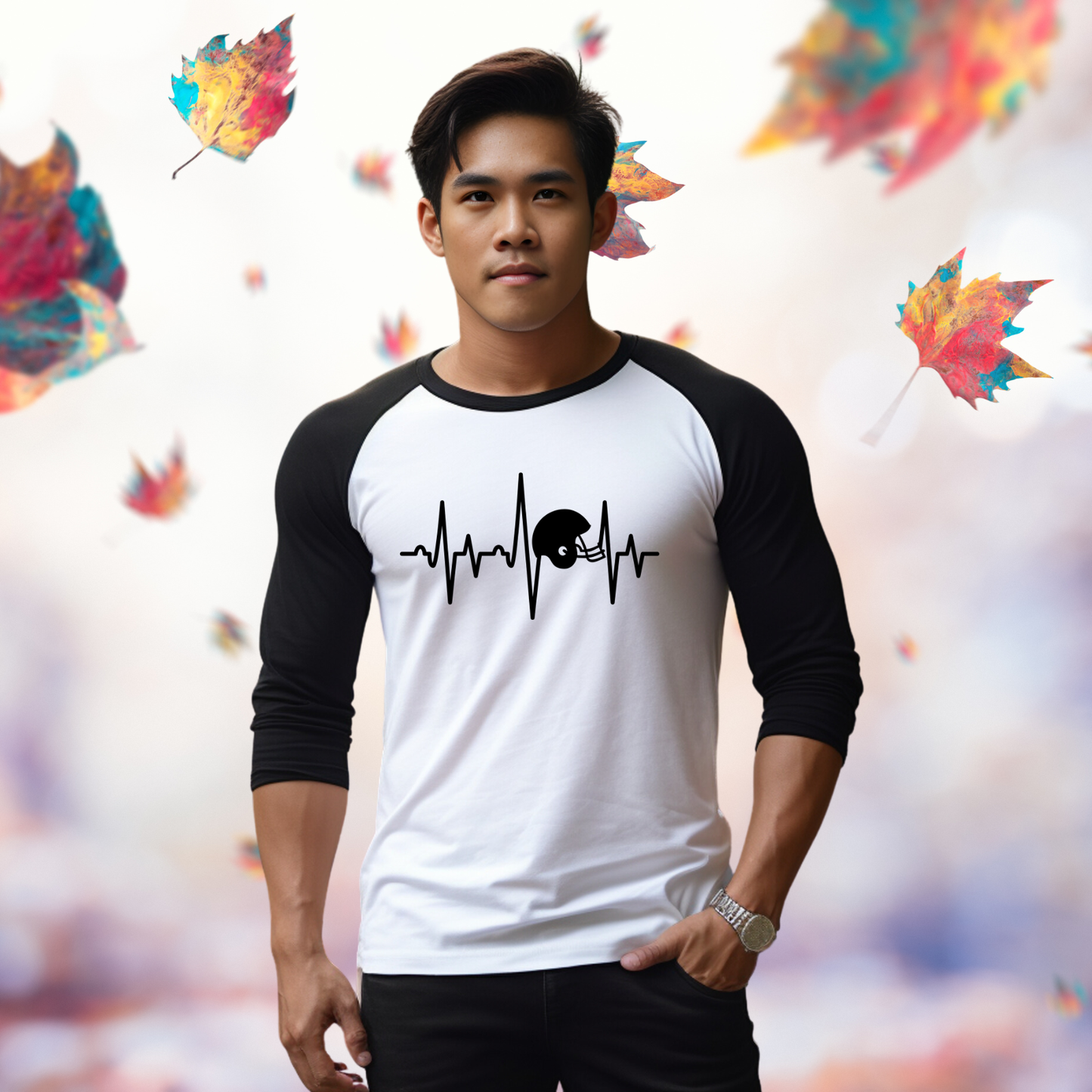 Football Helmet Heartbeat Baseball Tee