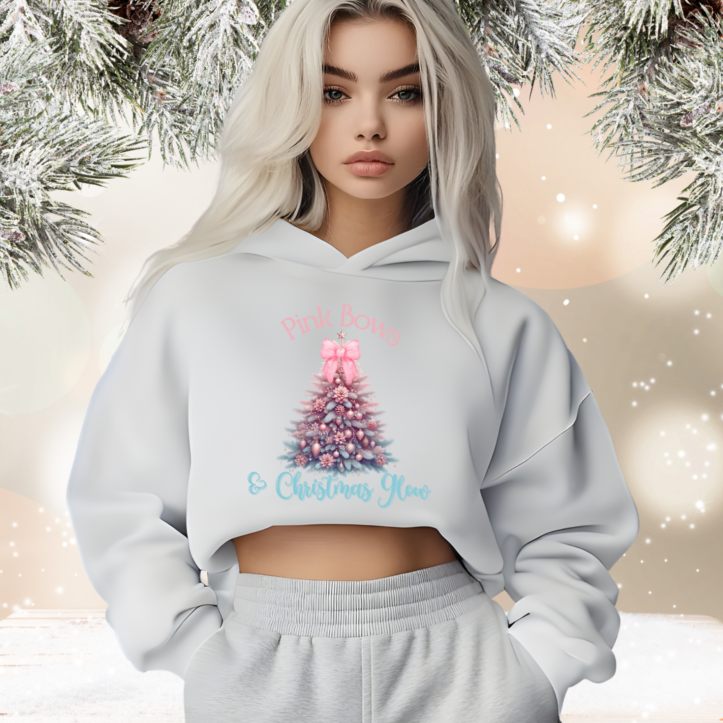 Pink Bows & Christmas Glow Crop Hoodie