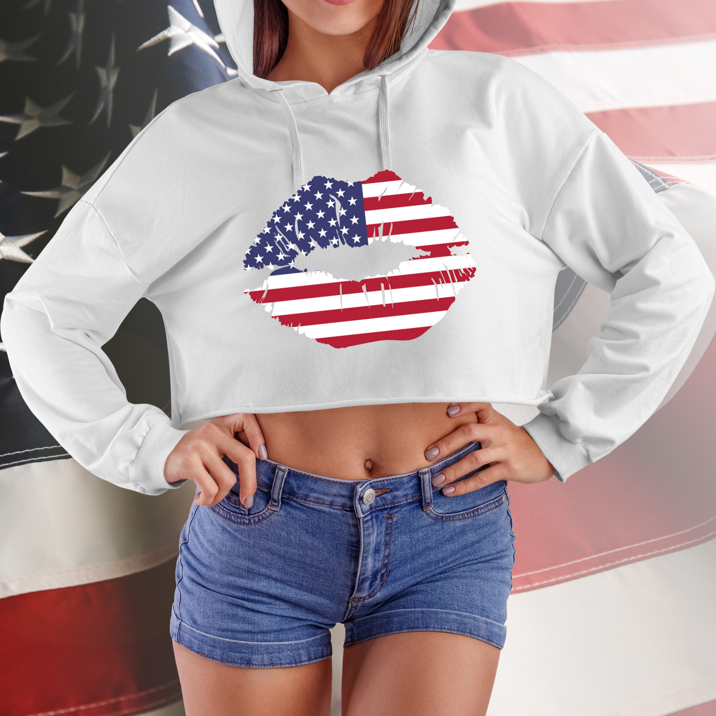 American Flag Lips Crop Hoodie