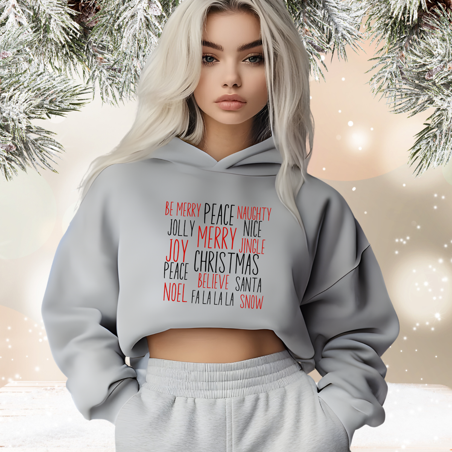 Festive Holiday Words Crop Hoodie