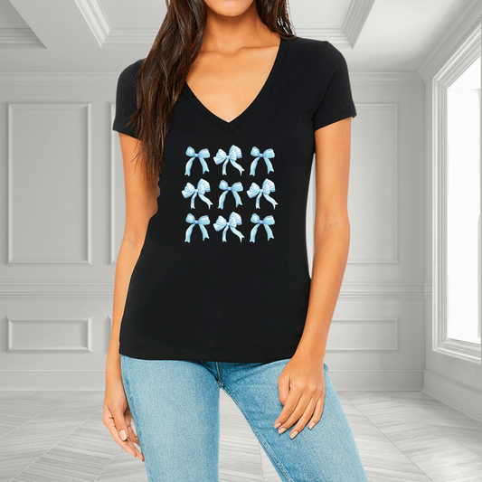 Coquette Blue Bows V-Neck T-Shirt