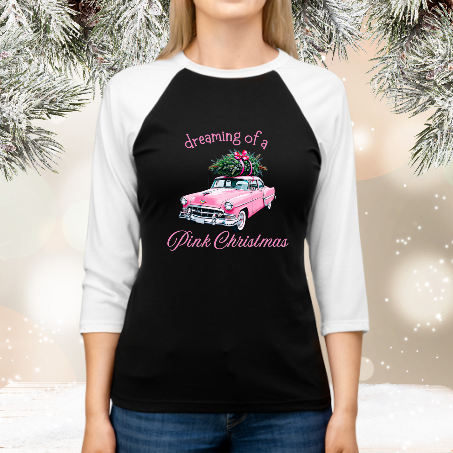 Dreaming Of A Pink Christmas Baseball Tee