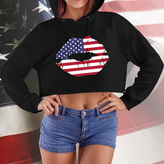 American Flag Lips Crop Hoodie
