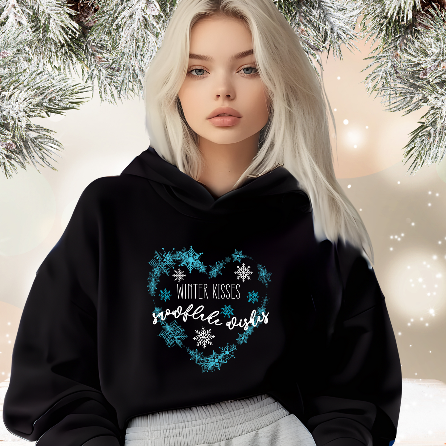 Winter Kisses, Snowflake Wishes Crop Hoodie
