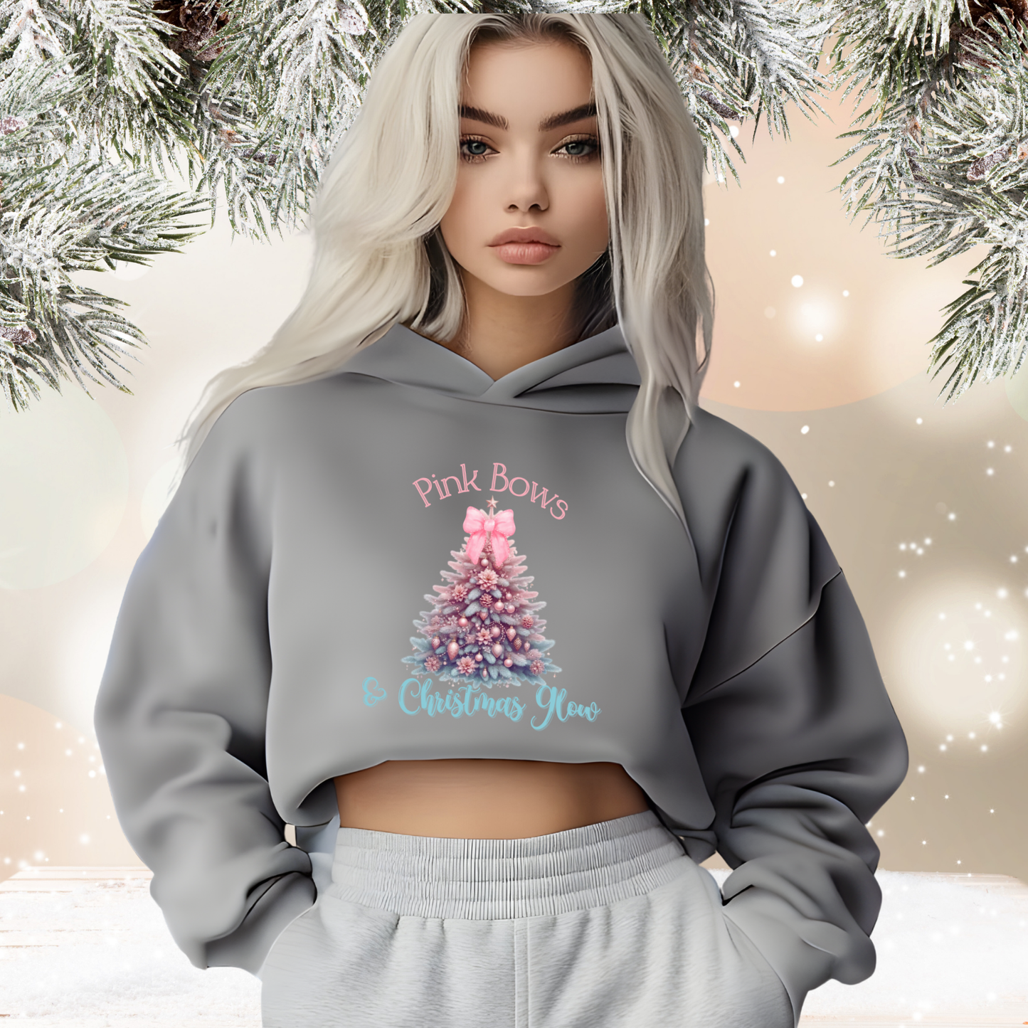 Pink Bows & Christmas Glow Crop Hoodie