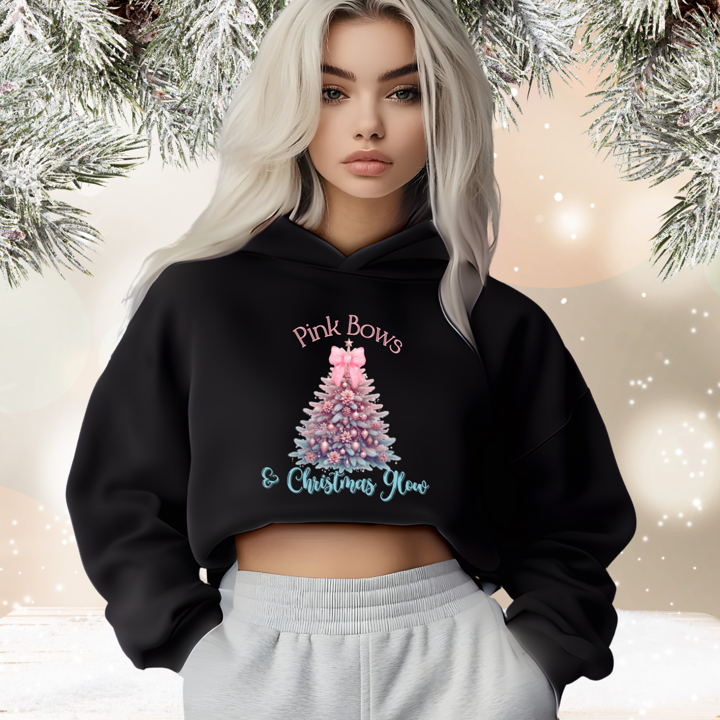 Pink Bows & Christmas Glow Crop Hoodie