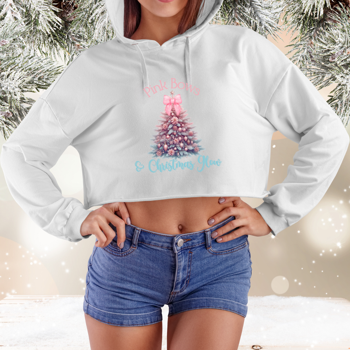 Pink Bows & Christmas Glow Crop Hoodie
