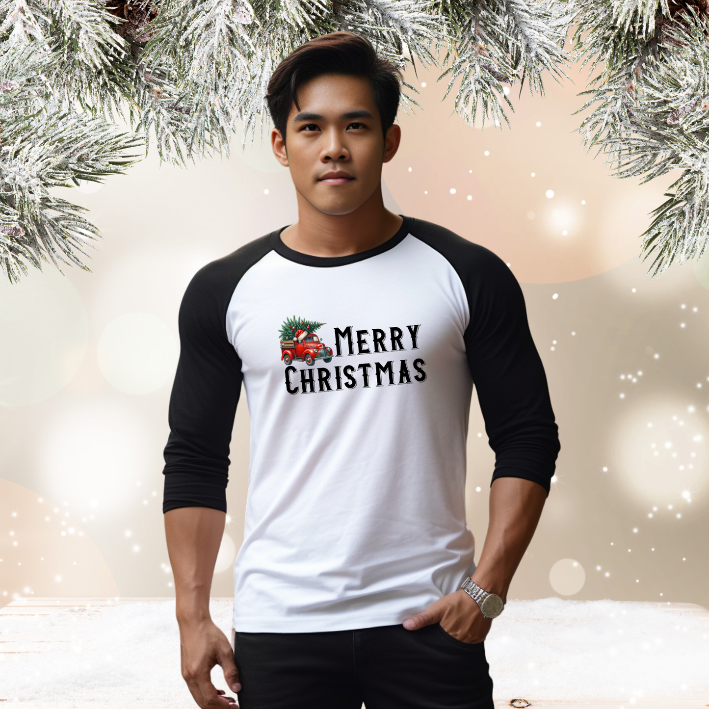 Merry Christmas Vintage Truck Baseball Tee