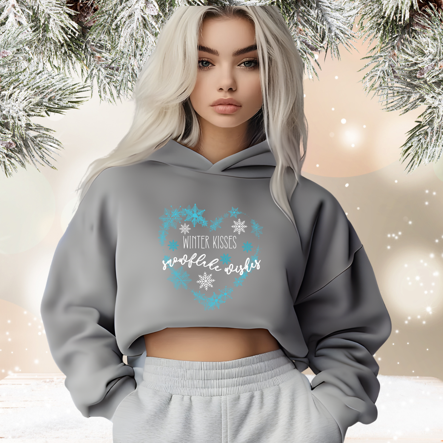 Winter Kisses, Snowflake Wishes Crop Hoodie
