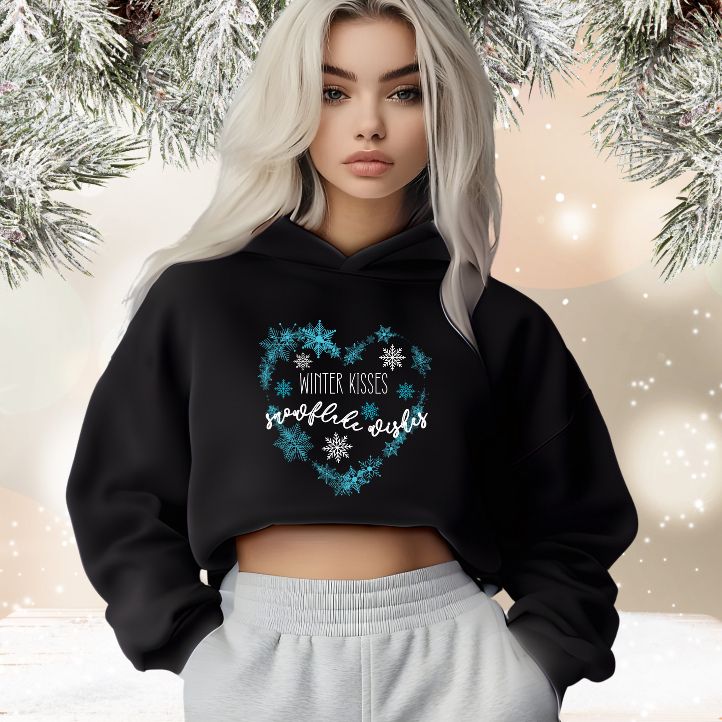 Winter Kisses, Snowflake Wishes Crop Hoodie
