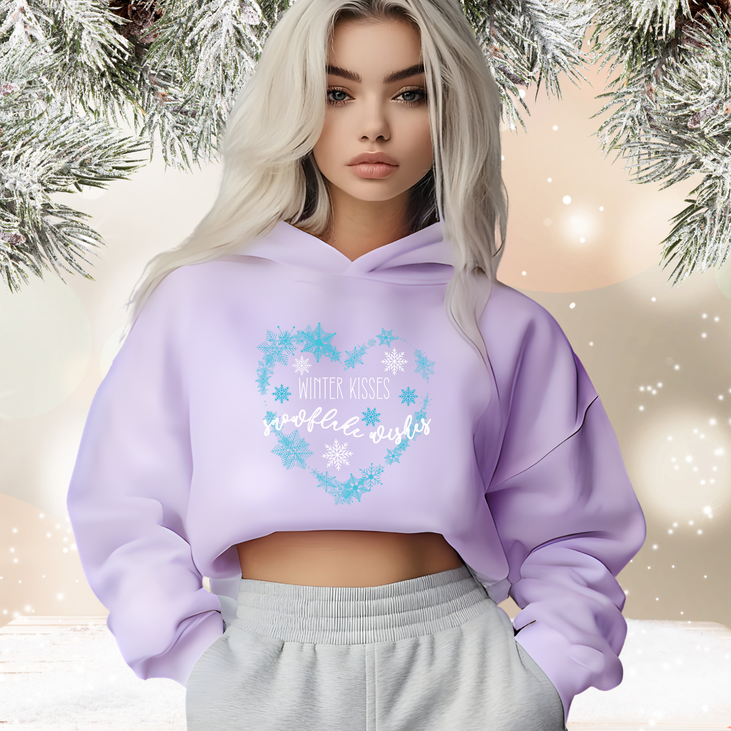 Winter Kisses, Snowflake Wishes Crop Hoodie
