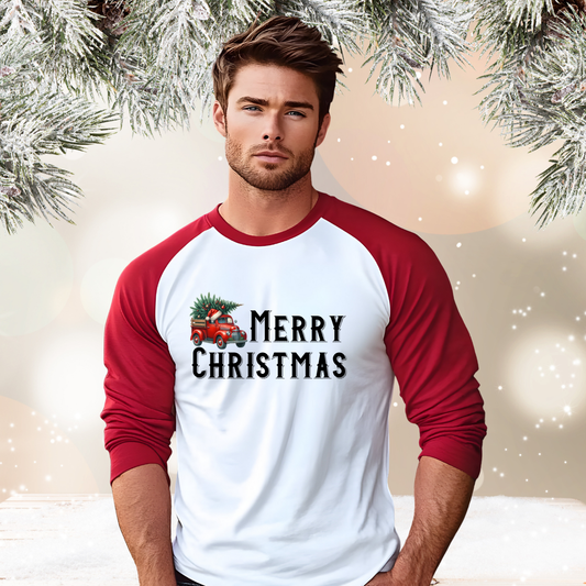Merry Christmas Vintage Truck Baseball Tee