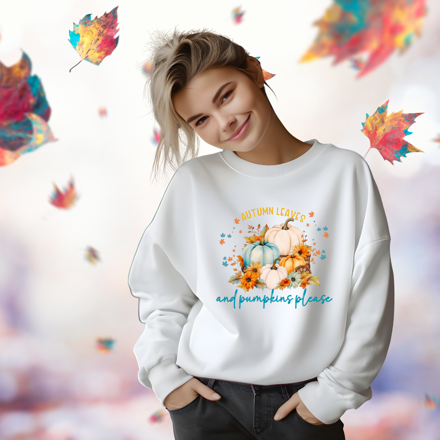Autumn Leaves & Pumpkins Please Crewneck Sweatshirt