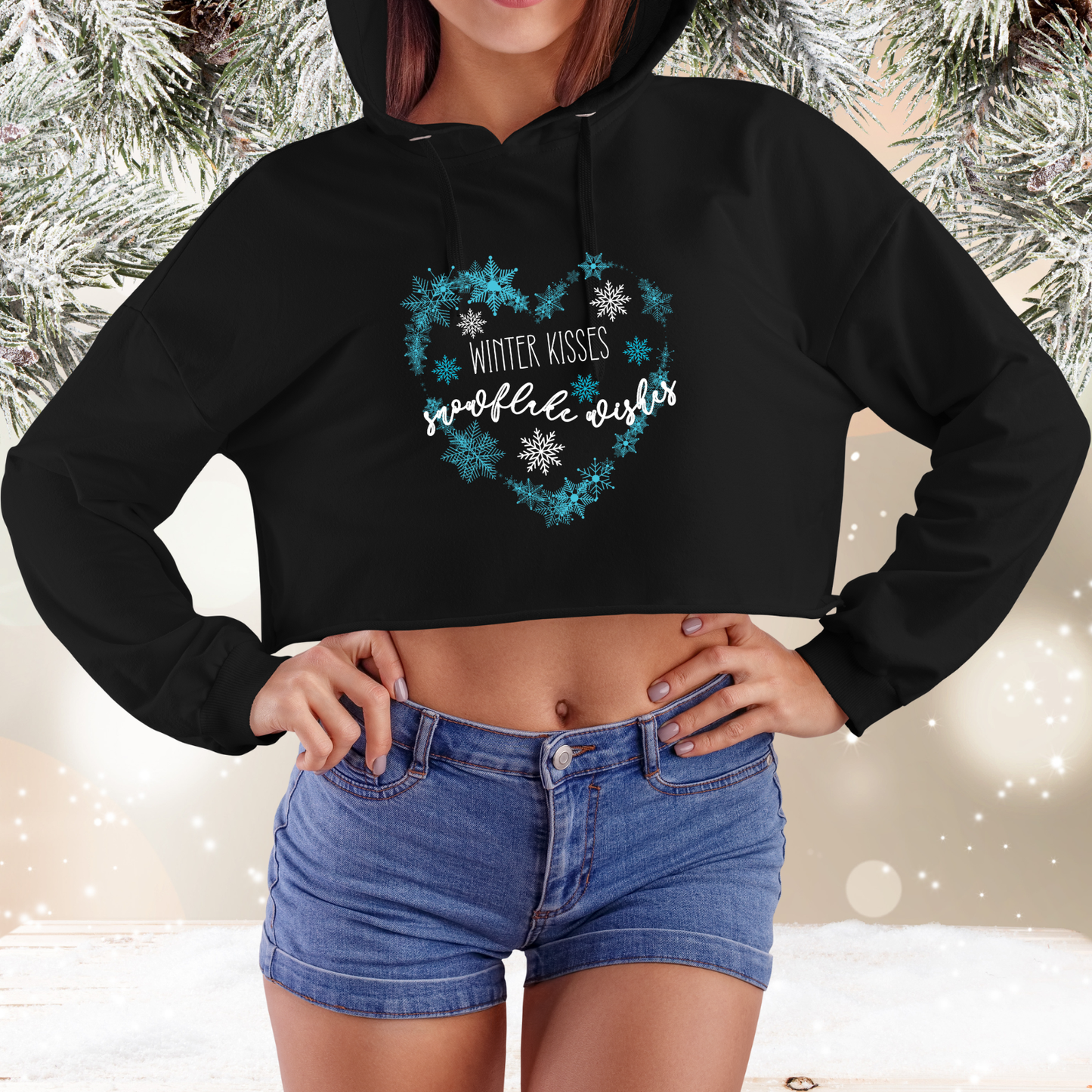 Winter Kisses, Snowflake Wishes Crop Hoodie