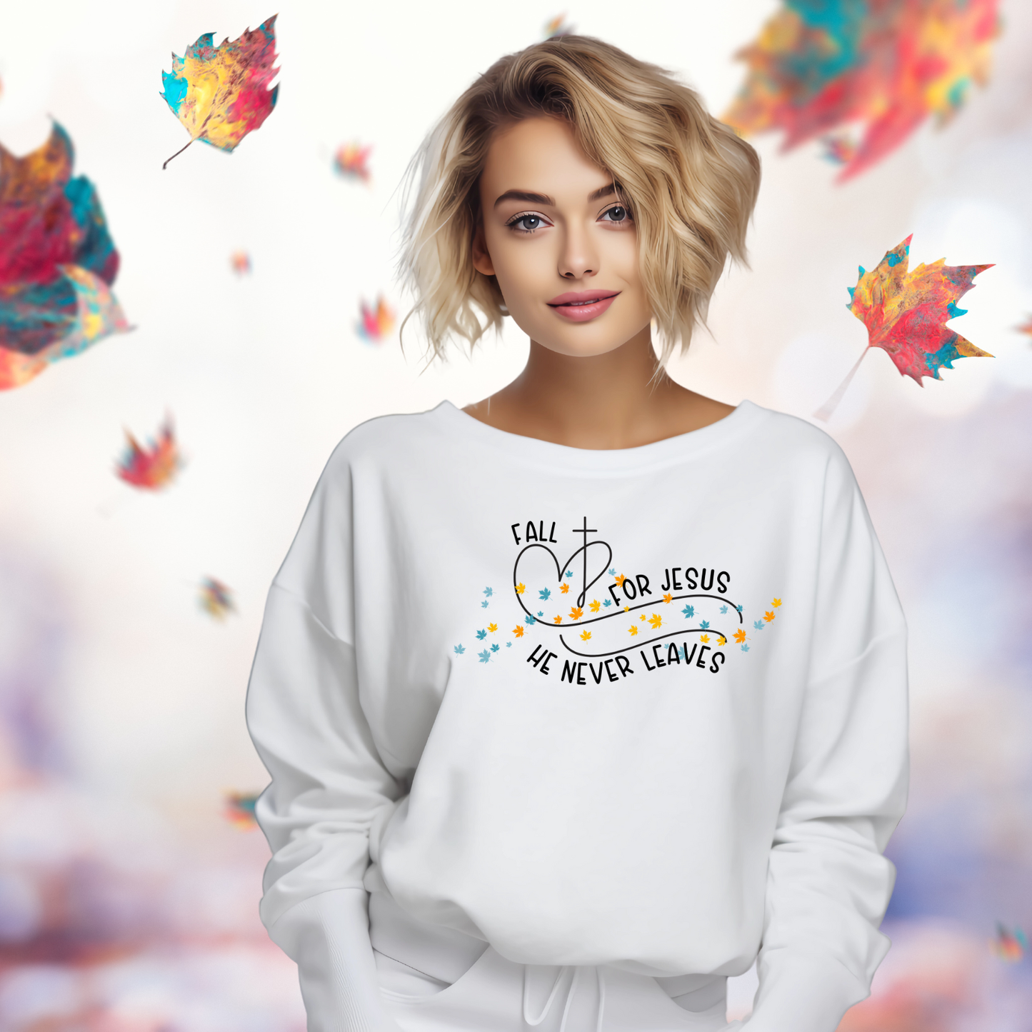 Fall for Jesus, He Never Leaves Crewneck Sweatshirt