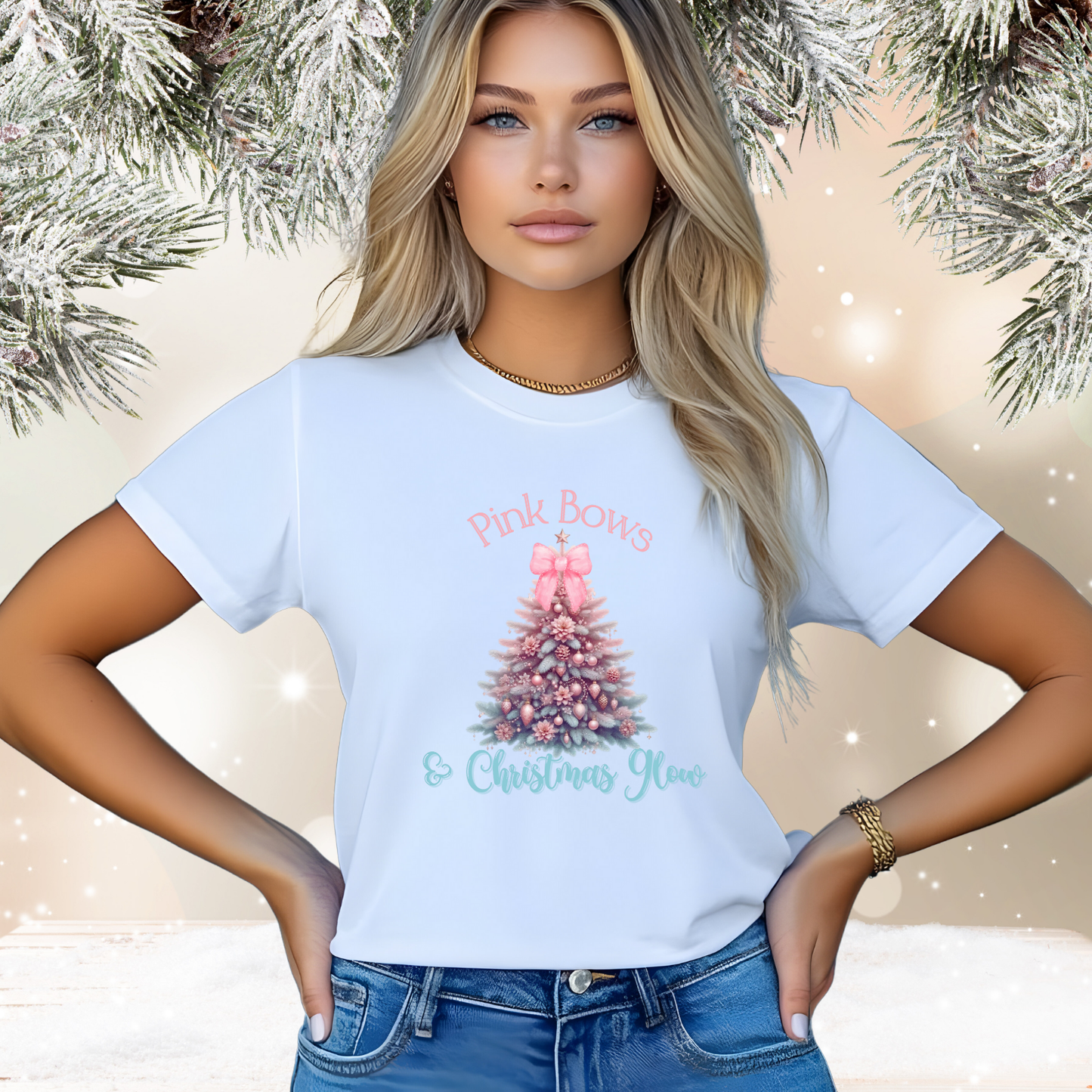 Pink Bows & Christmas Glow T-Shirt