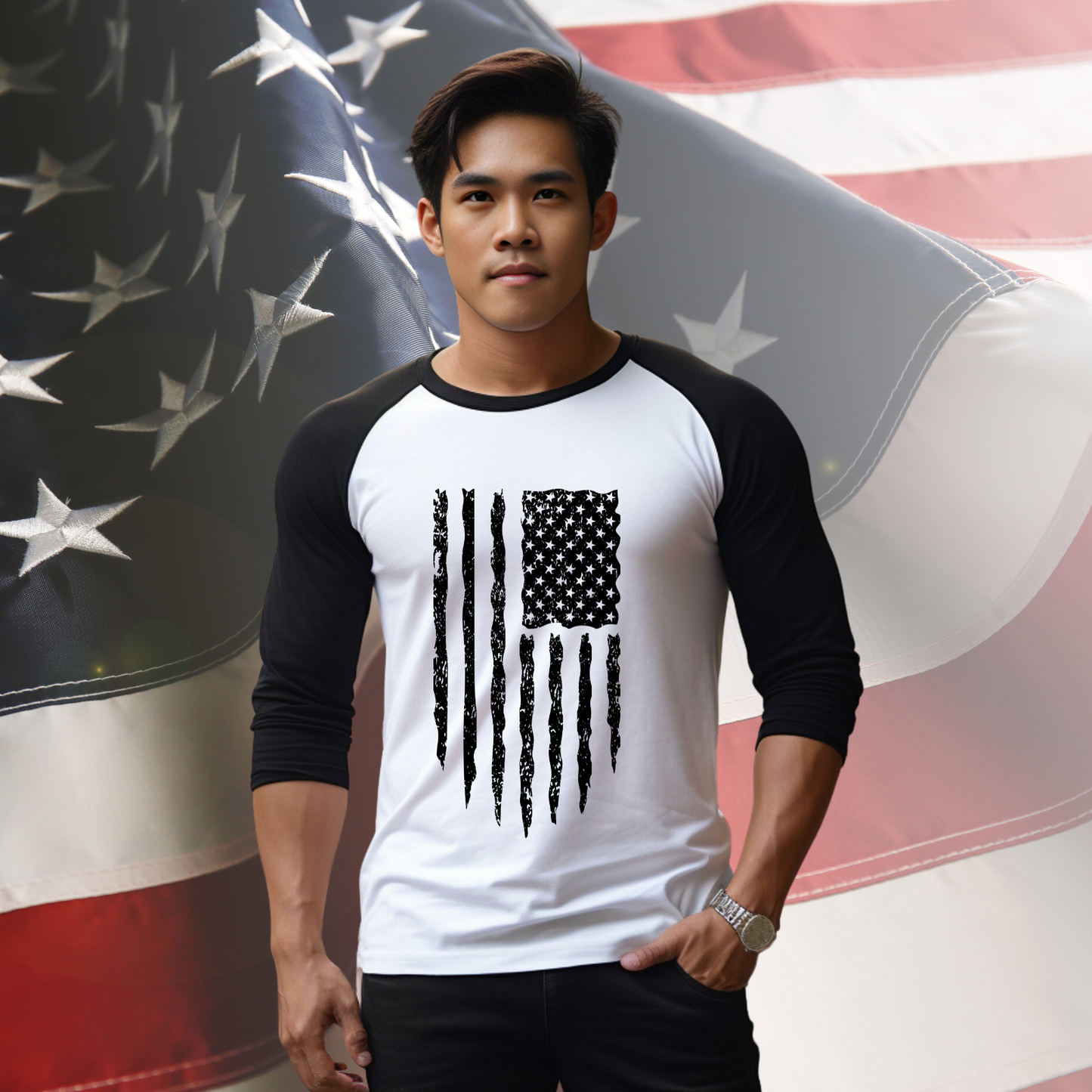 Distressed American Flag Baseball Tee